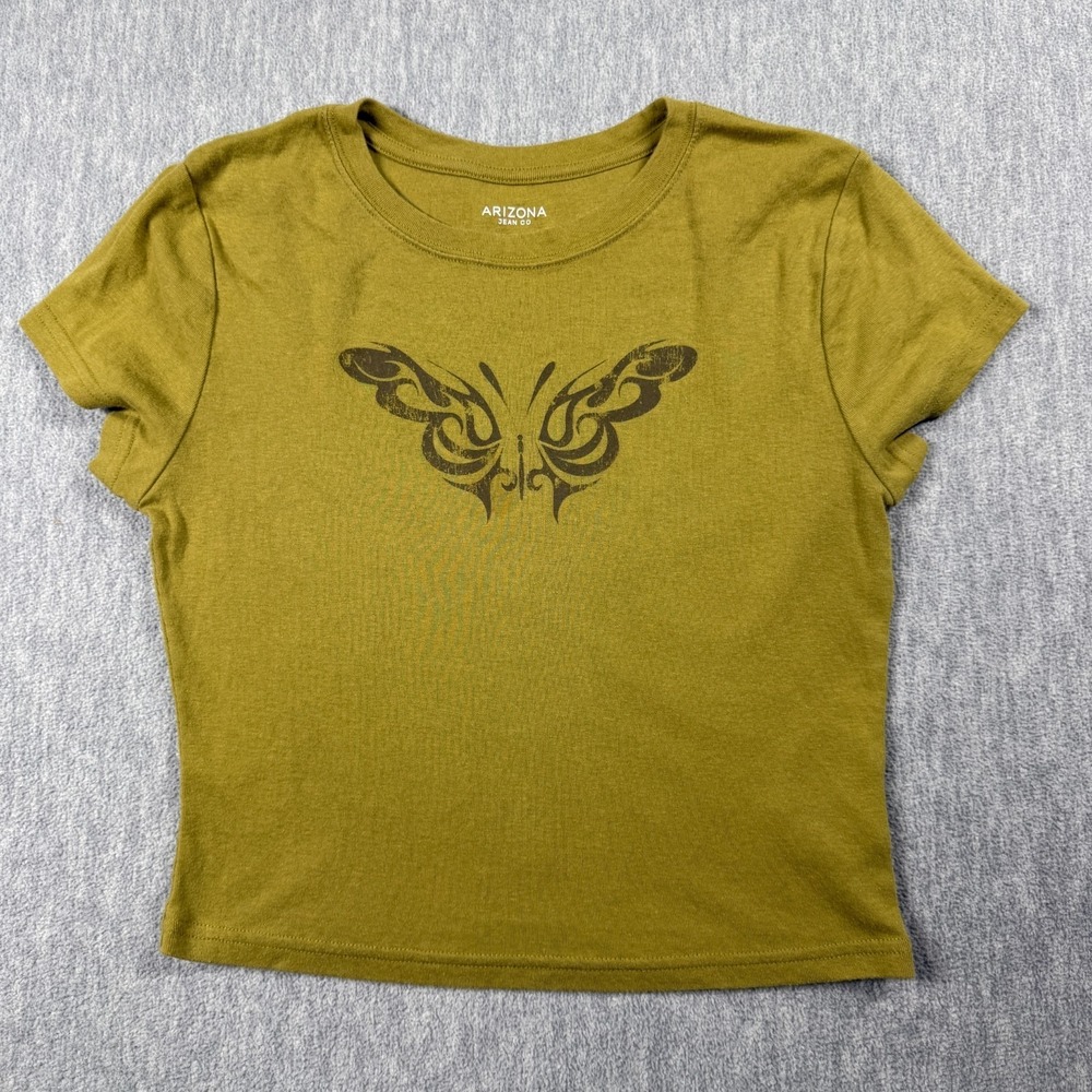 Arizona Jean Co Shirt Womens S Green Butterfly Graphic Crop Top Y2K Ribbed